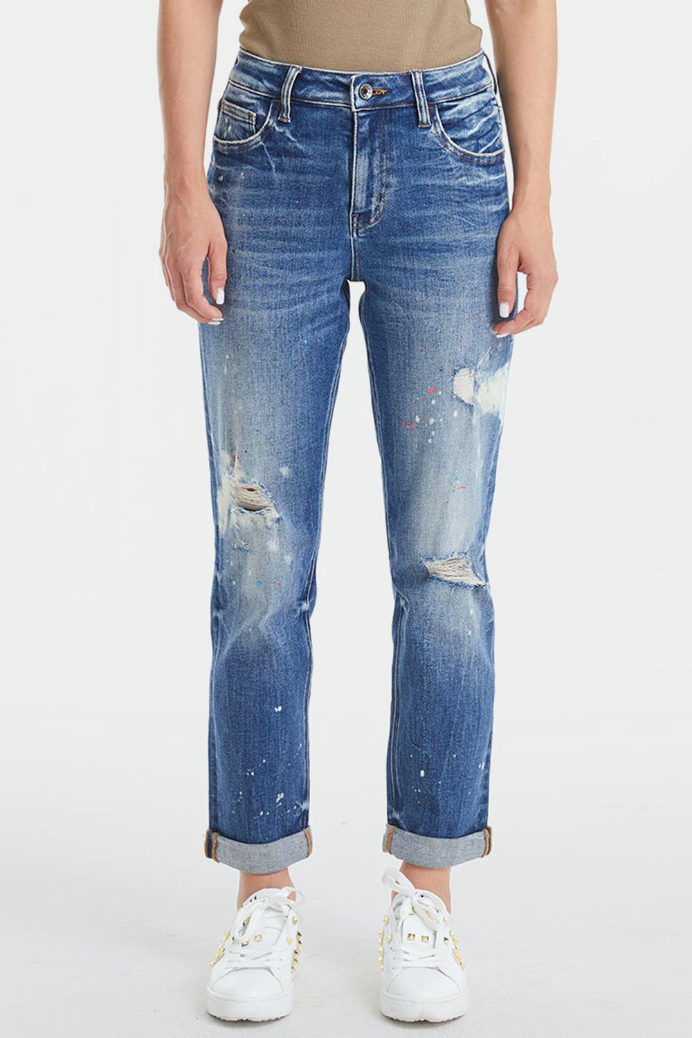 BAYEAS Full Size High Waist Distressed Paint Splatter Pattern Jeans - AllIn Computer