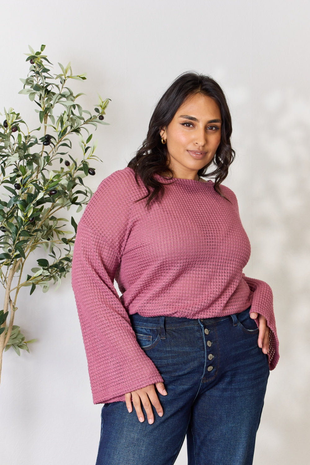 Culture Code Full Size Waffle-Knit Round Neck Long Sleeve Blouse - AllIn Computer