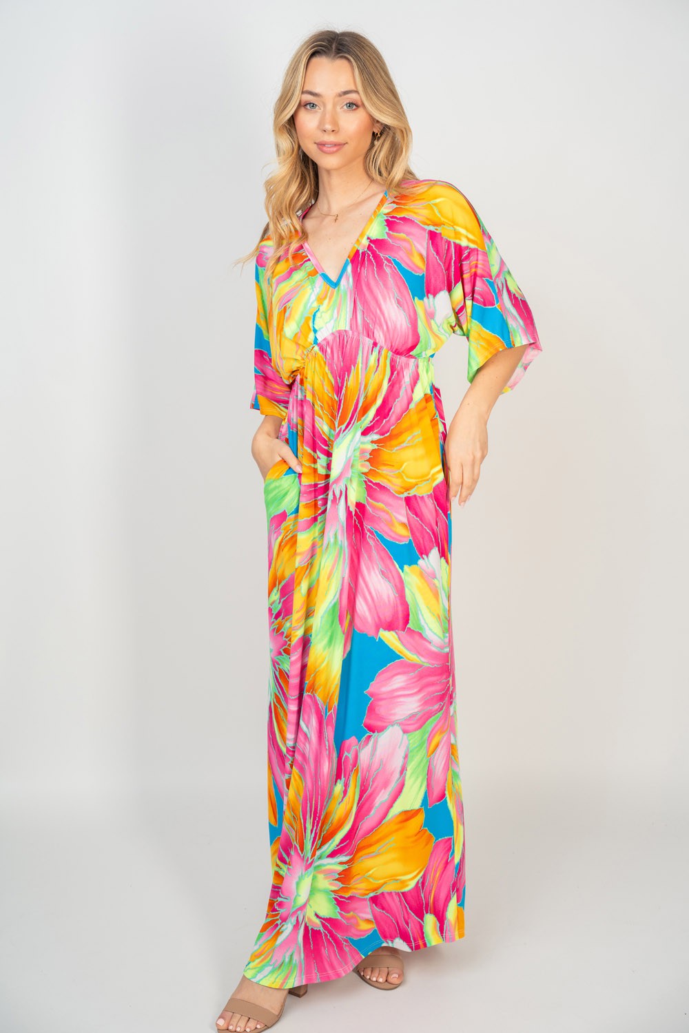White Birch Printed V-Neck Maxi Dress with Pockets - AllIn Computer
