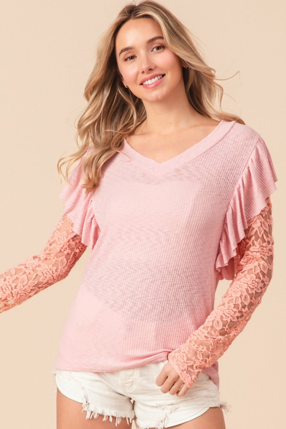 BiBi Ruffled Lace Sleeve Rib Knit Top - AllIn Computer