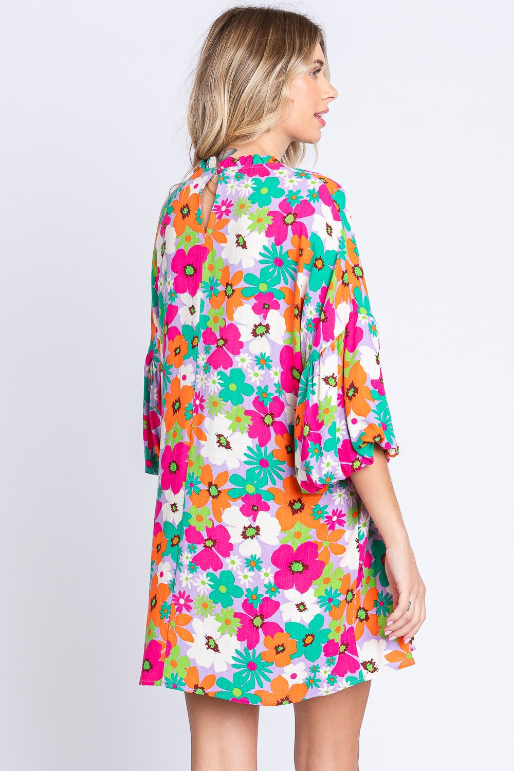 GeeGee Full Size Floral Round Neck Lantern Sleeve Mini Dress - AllIn Computer