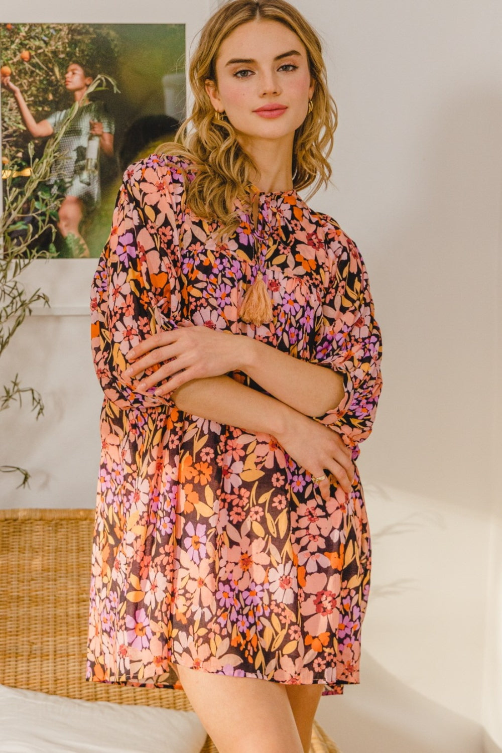 ODDI Full Size Floral Tied Neck Mini Dress - AllIn Computer