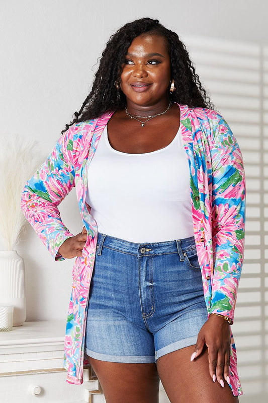 Double Take Floral Open Front Long Sleeve Cardigan - AllIn Computer