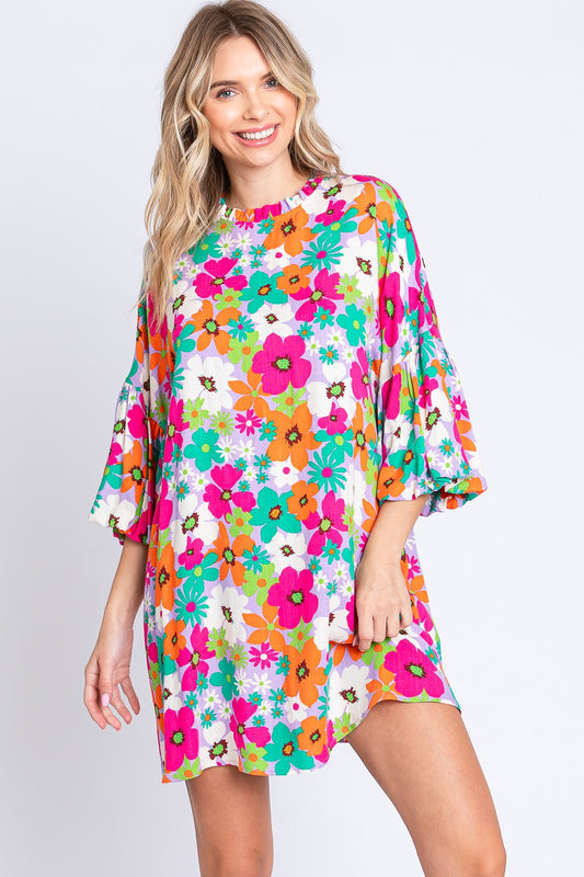 GeeGee Full Size Floral Round Neck Lantern Sleeve Mini Dress - AllIn Computer