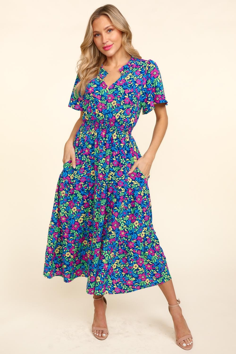 Haptics Printed Notched Short Sleeve Dress with Pockets - AllIn Computer