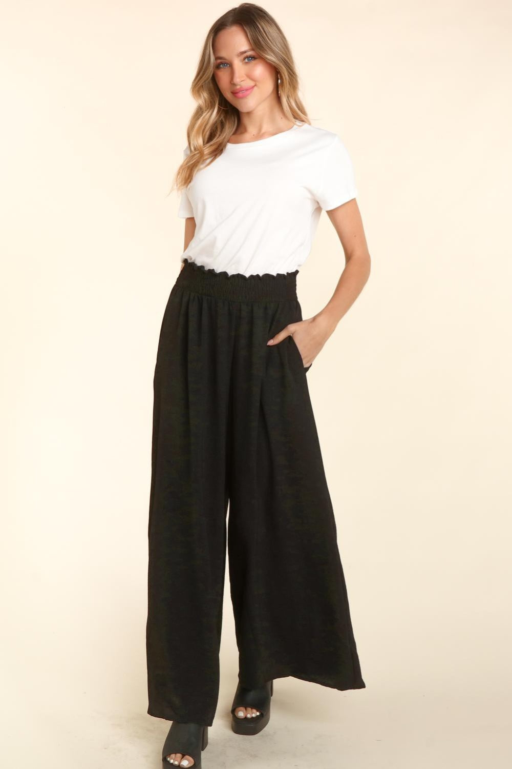 Haptics Elastic Waist Wide Leg Pants with Pockets - AllIn Computer