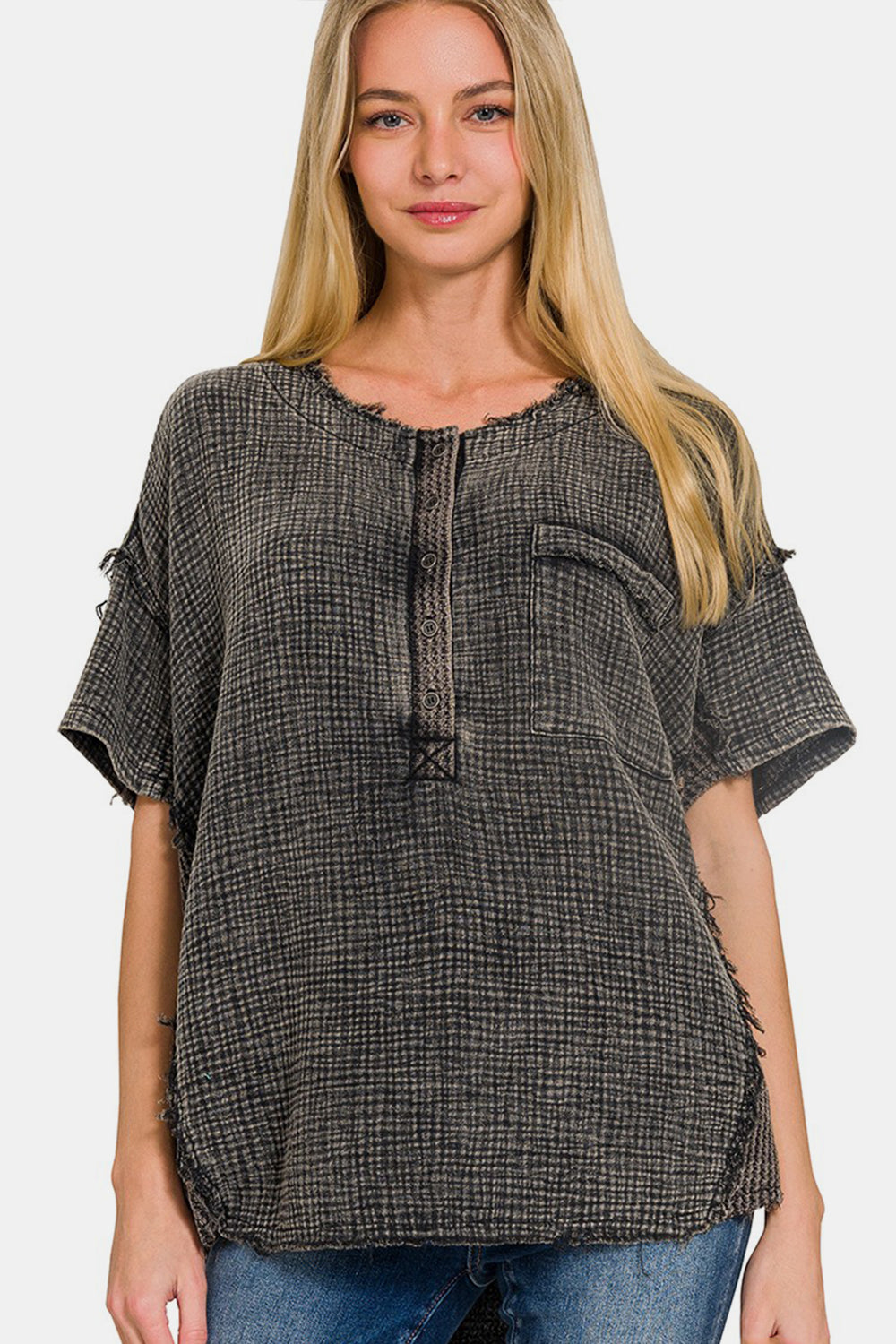 Zenana Washed Texture Half Button T-Shirt - AllIn Computer