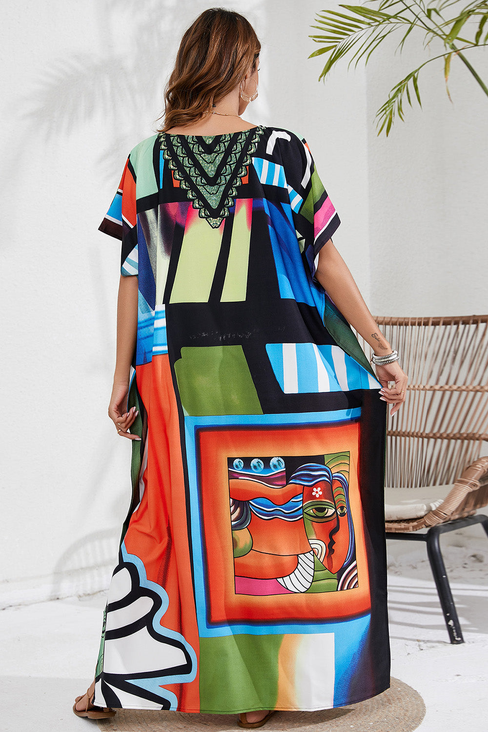 Slit Printed V-Neck Short Sleeve Cover Up - AllIn Computer