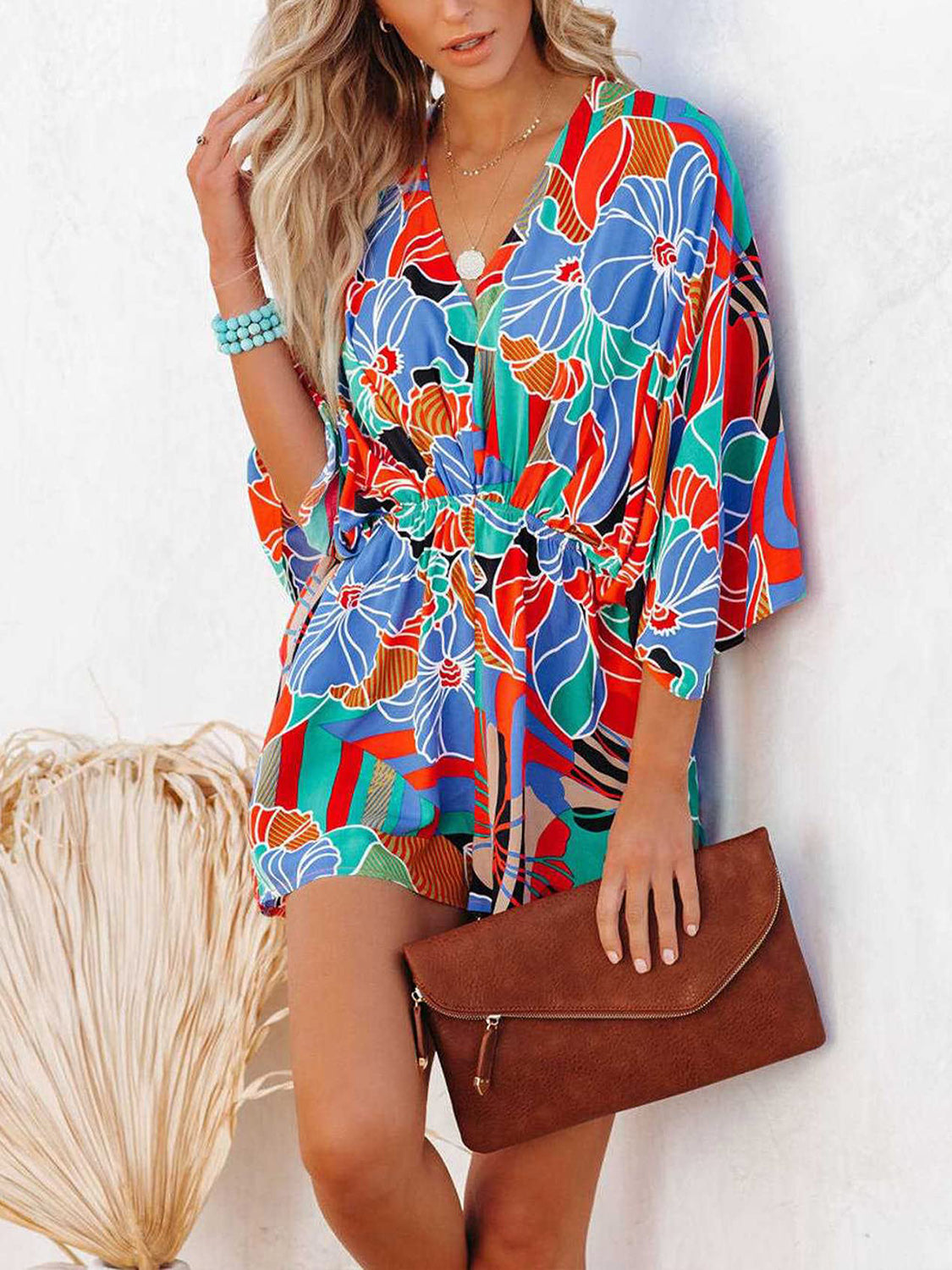 Tied Printed Kimono Sleeve Romper - AllIn Computer