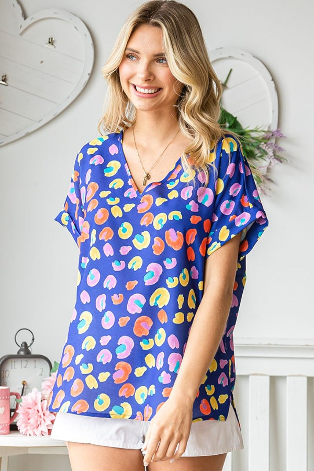 First Love Printed V-Neck Short Sleeve Blouse - AllIn Computer