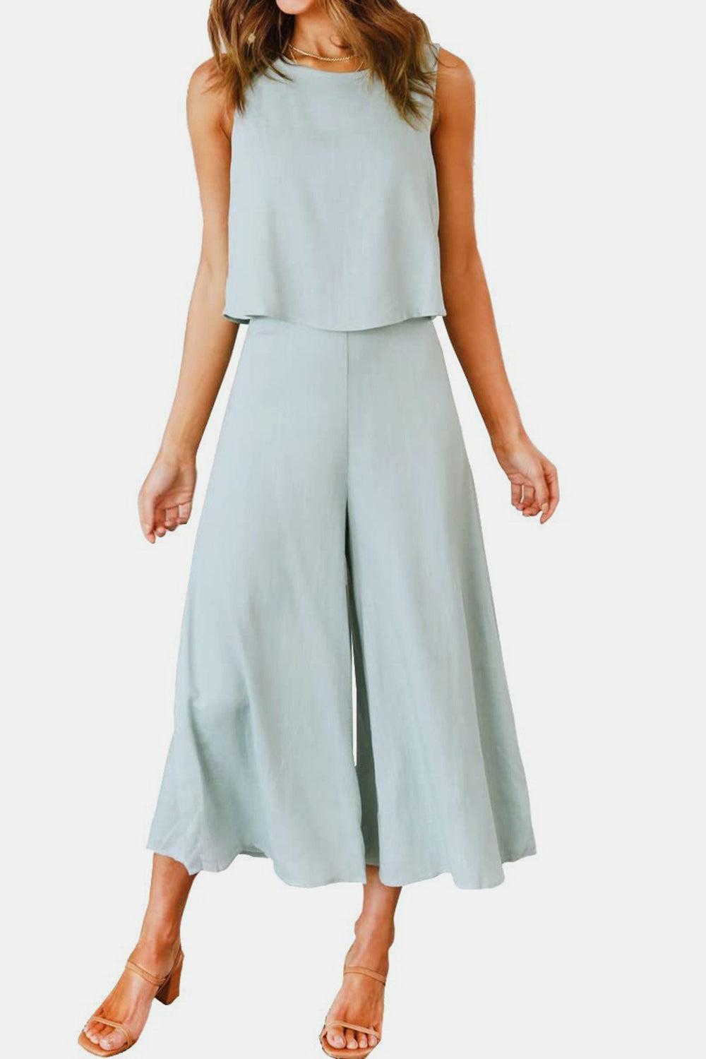 Round Neck Top and Wide Leg Pants Set - AllIn Computer