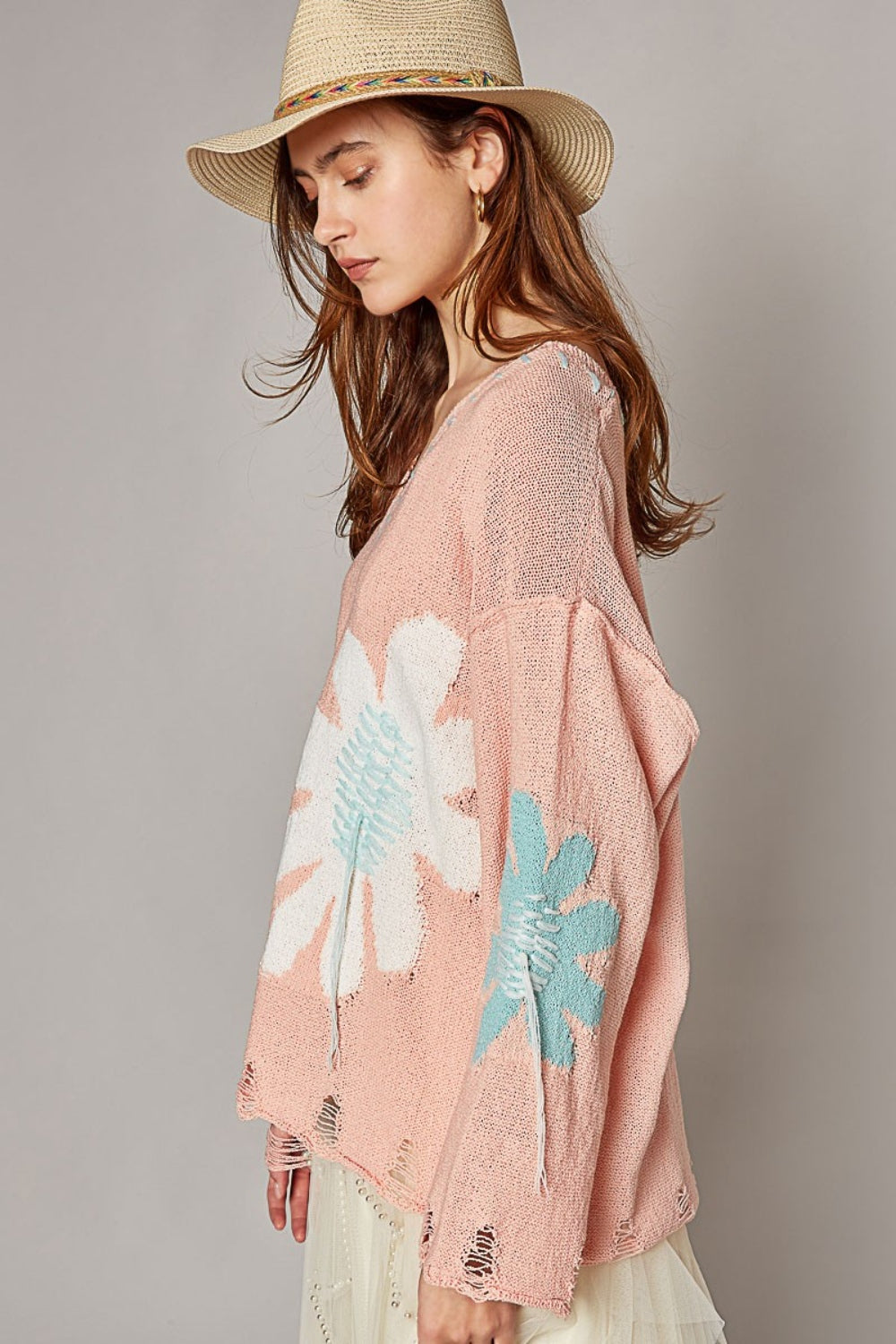 POL Distressed Flower V-Neck Dropped Shoulder Knit Top - AllIn Computer