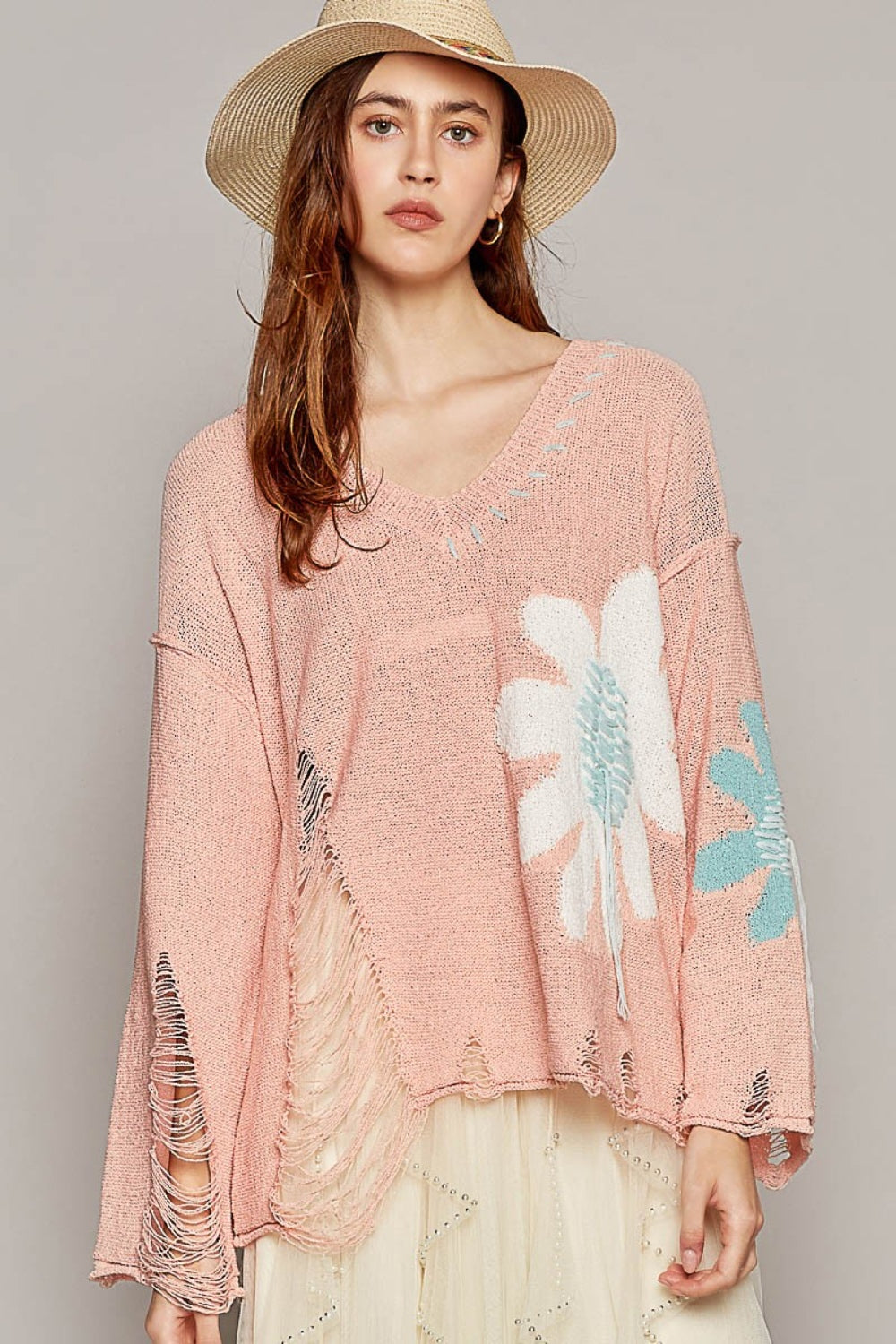 POL Distressed Flower V-Neck Dropped Shoulder Knit Top - AllIn Computer