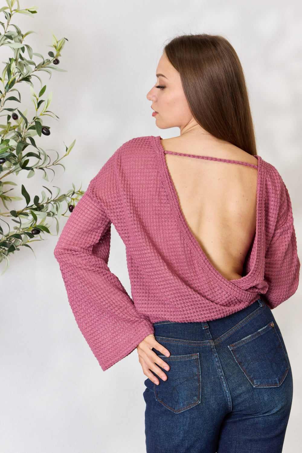 Culture Code Full Size Waffle-Knit Round Neck Long Sleeve Blouse - AllIn Computer