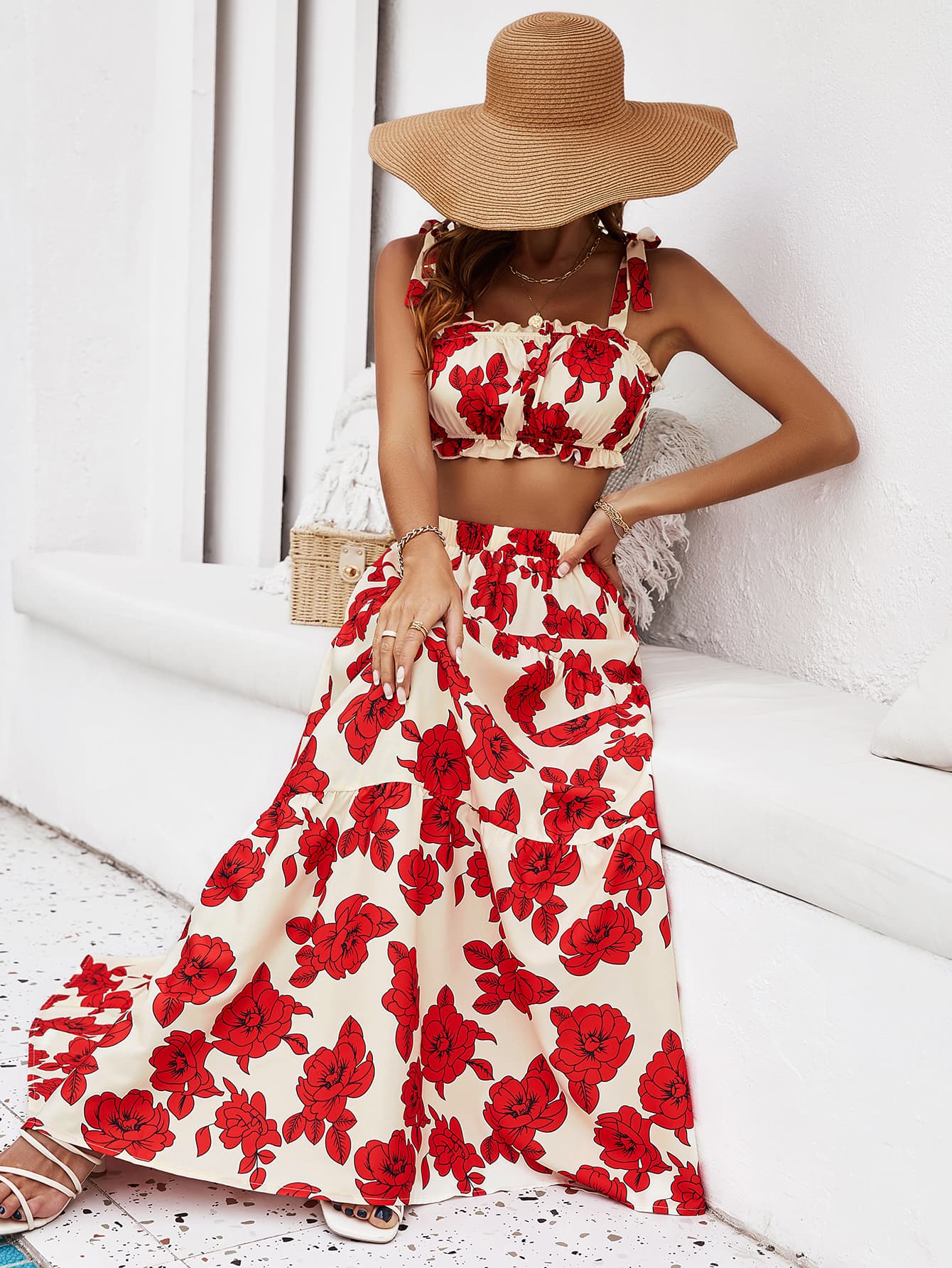 Floral Tie Shoulder Top and Tiered Maxi Skirt Set - AllIn Computer