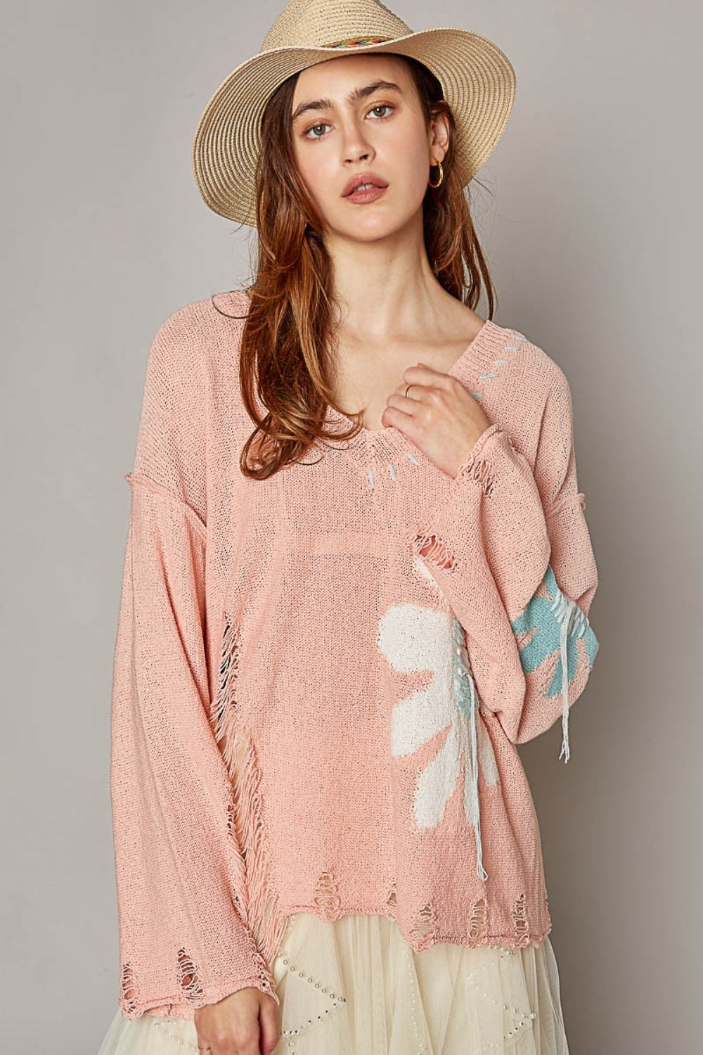 POL Distressed Flower V-Neck Dropped Shoulder Knit Top - AllIn Computer