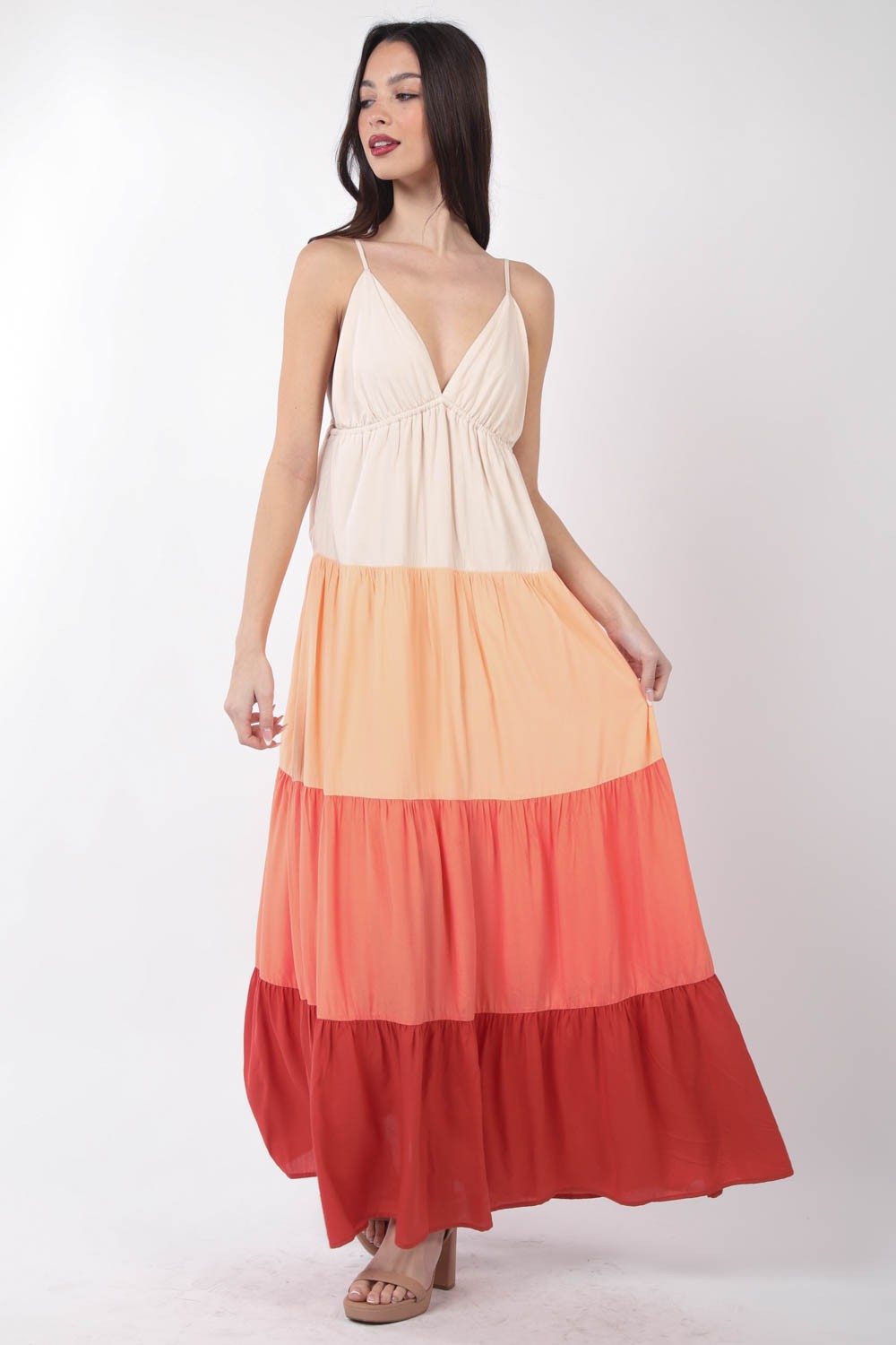 VERY J Color Block Tiered Maxi Cami Dress - AllIn Computer