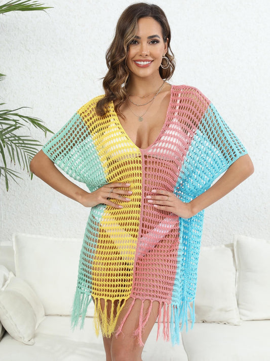 Fringe Color Block Scoop Neck Cover Up | CLOTHING,SHOES & ACCESSORIES | cover up, O & Y.M, Ship From Overseas | Trendsi