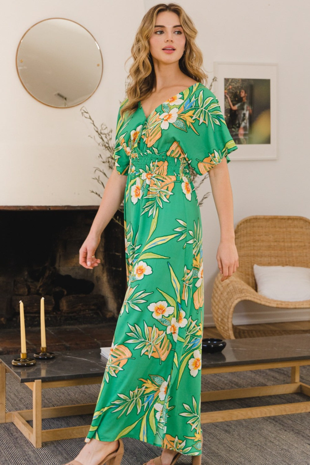 ODDI Full Size Floral Smocked Tied Back Maxi Dress - AllIn Computer