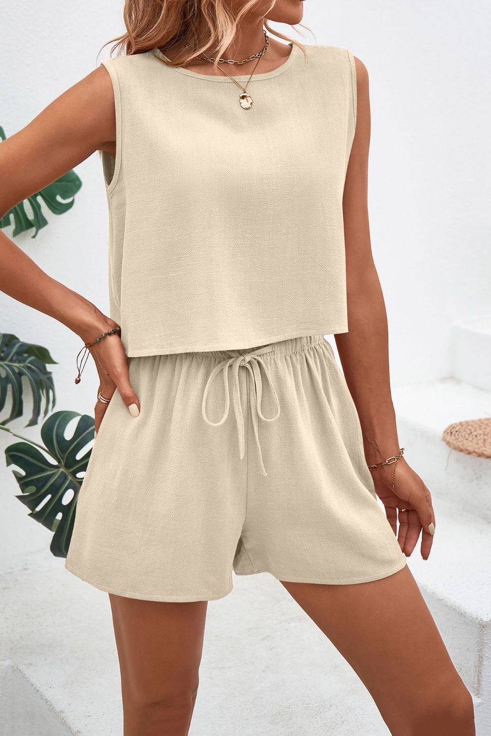 Round Neck Top and Drawstring Shorts Set - AllIn Computer