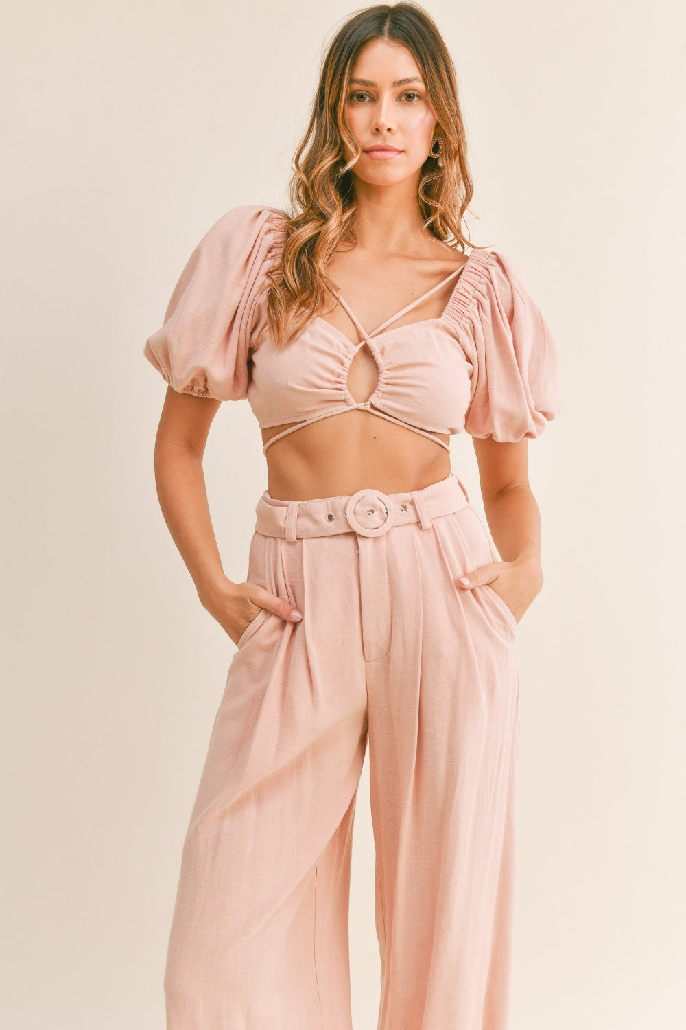 MABLE Cut Out Drawstring Crop Top and Belted Pants Set - AllIn Computer