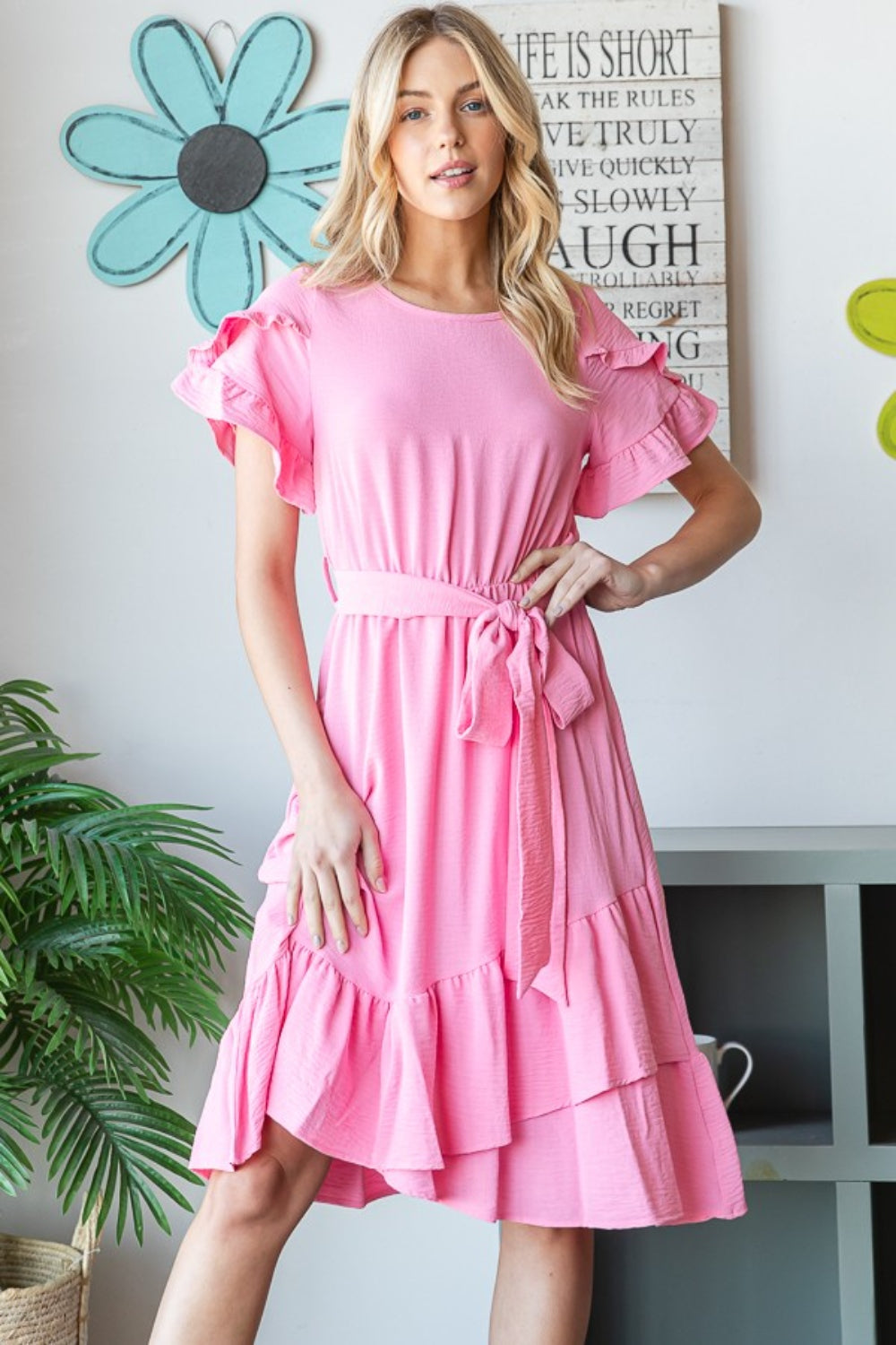 Reborn J Tie Front Ruffled Short Sleeve Dress - AllIn Computer