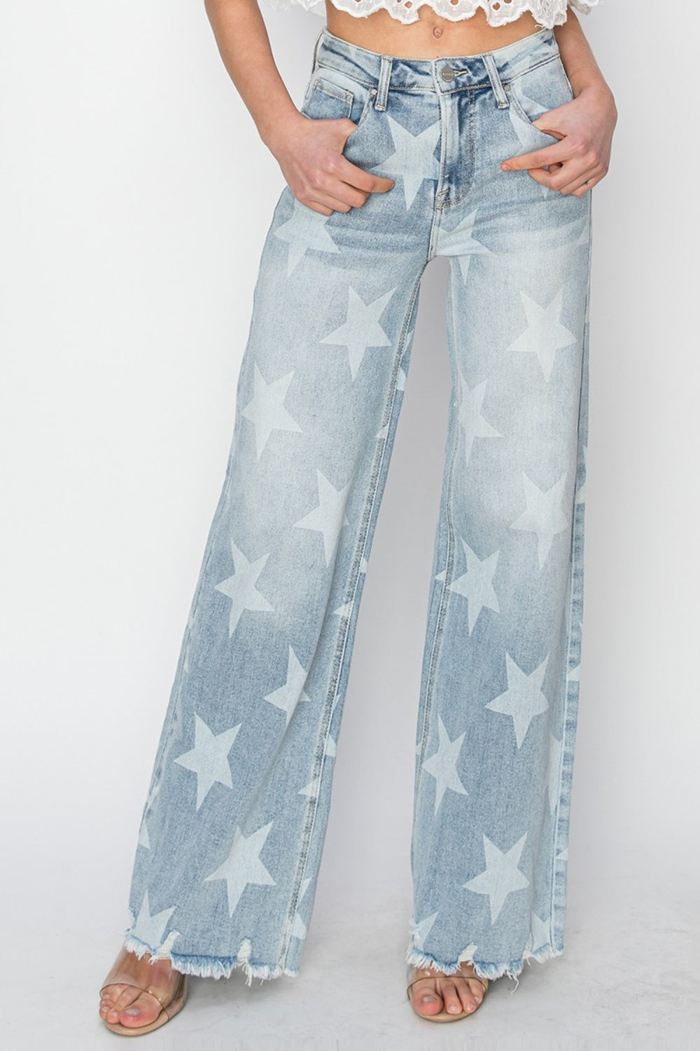 RISEN Full Size Raw Hem Star Wide Leg Jeans - AllIn Computer