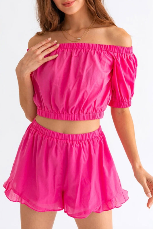 Tasha Apparel Off Shoulder Crop Top and Ruffled Shorts Set - AllIn Computer