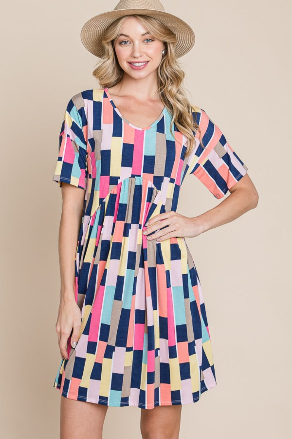 BOMBOM Ruched Color Block Short Sleeve Mini Dress - AllIn Computer