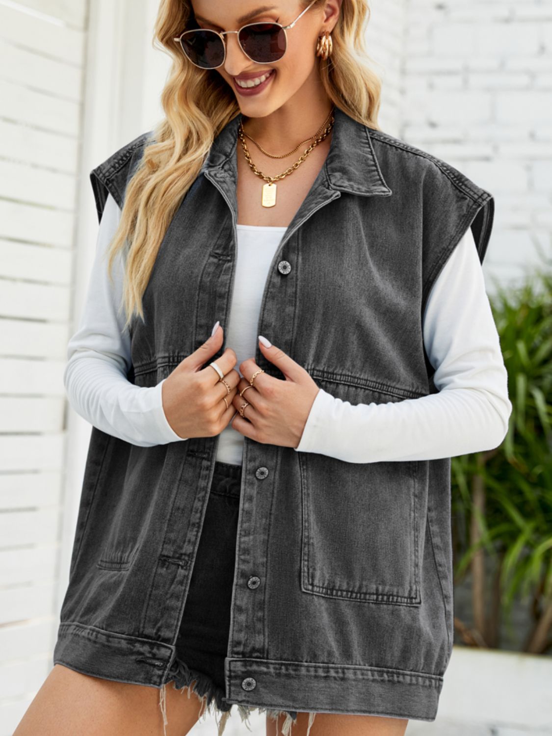 Collared Neck Sleeveless Denim Top with Pockets - AllIn Computer