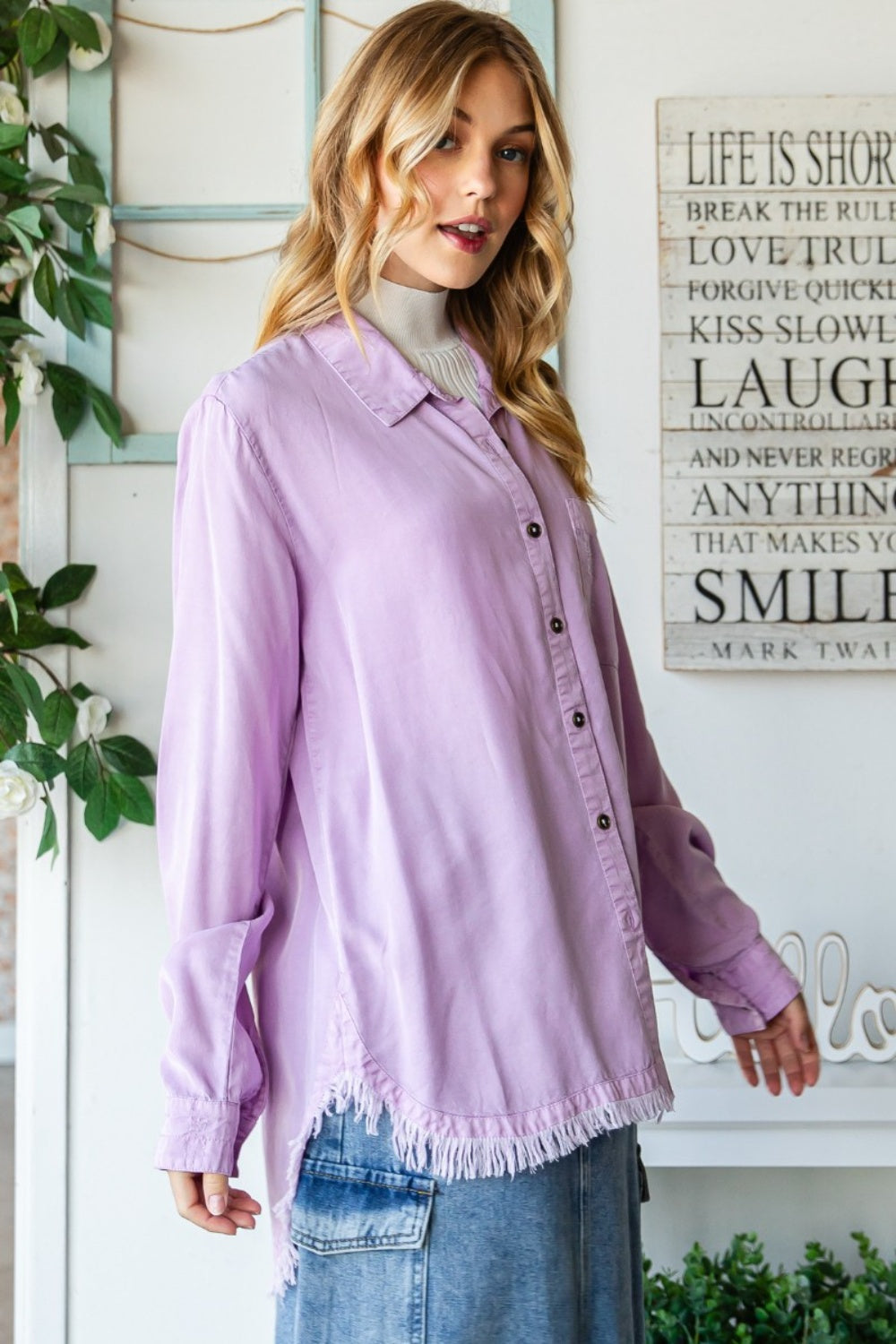 Veveret Raw Hem Button Up Long Sleeve Shirt - AllIn Computer