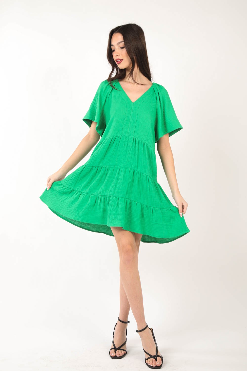 VERY J Texture V-Neck Ruffled Tiered Dress - AllIn Computer