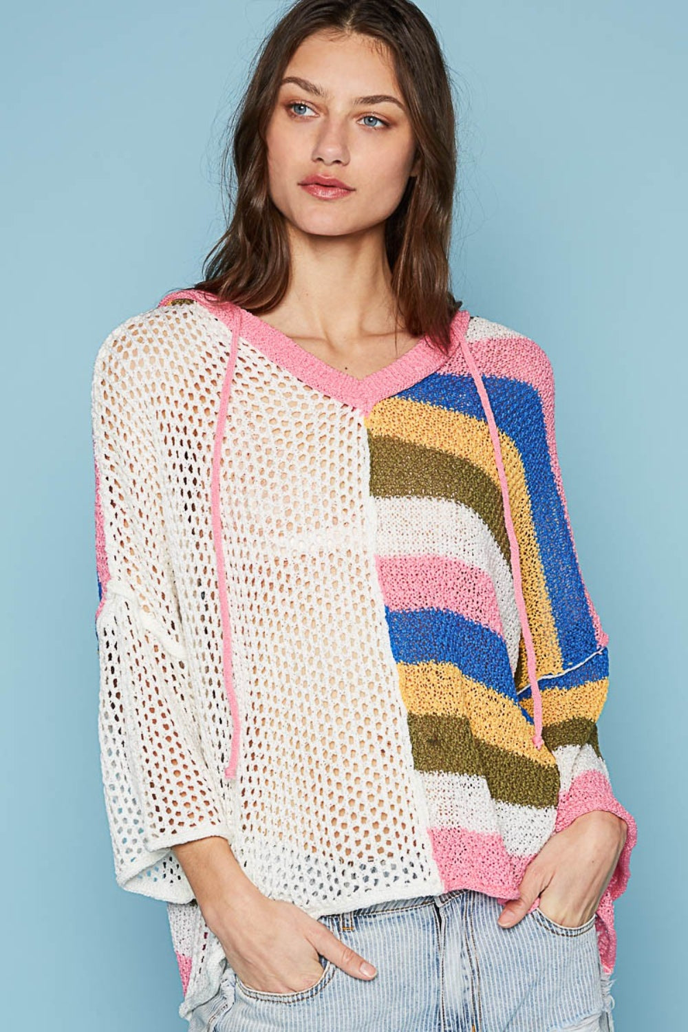 POL Openwork Drawstring Color Block Hooded Knit Top - AllIn Computer