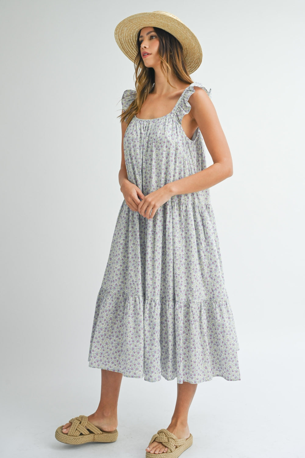 MABLE Floral Ruffle Shoulder Tiered Midi Dress - AllIn Computer