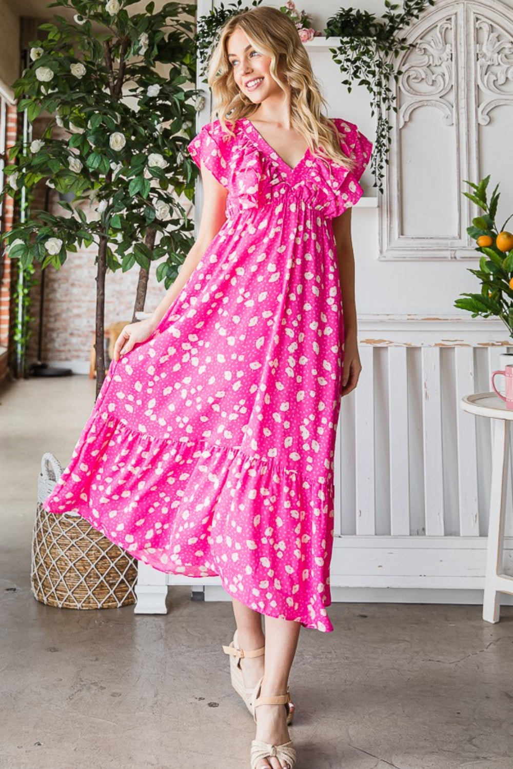 Reborn J Printed V-Neck Ruffle Trim Tiered Midi Dress - AllIn Computer