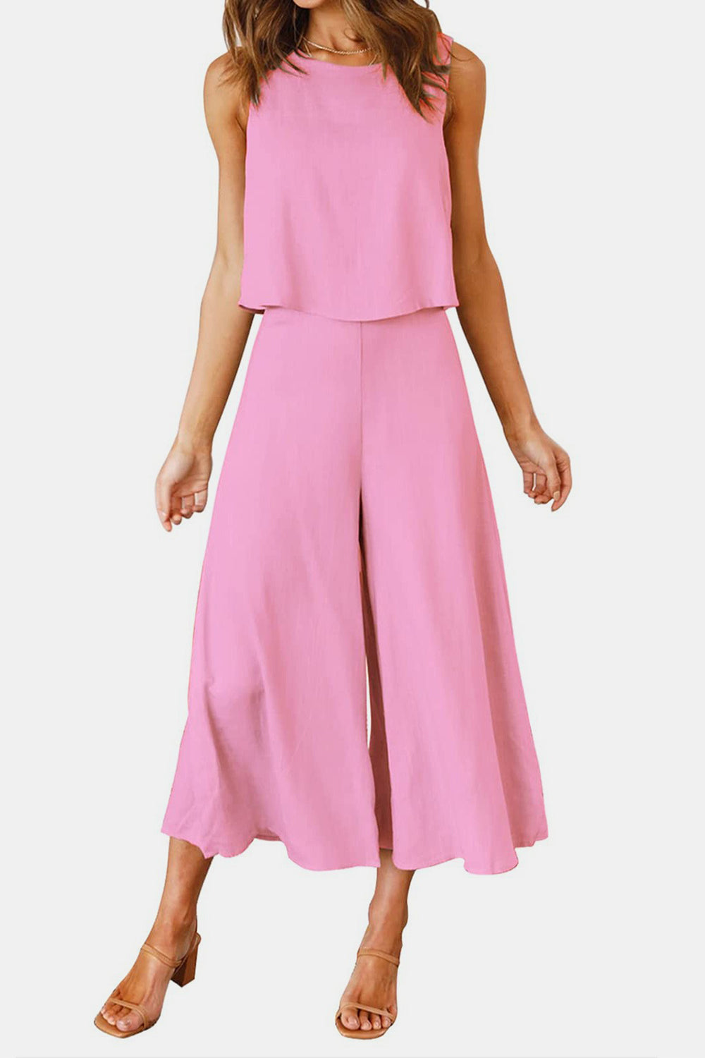 Round Neck Top and Wide Leg Pants Set - AllIn Computer