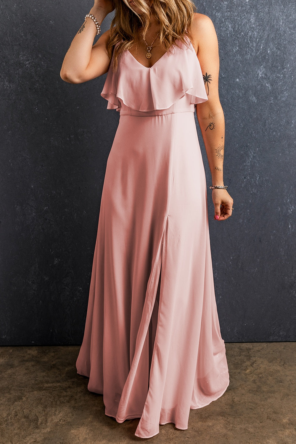 Slit Ruffled V-Neck Maxi Dress | CLOTHING,SHOES & ACCESSORIES | dress, formal dress, Ship From Overseas, SYNZ | Trendsi