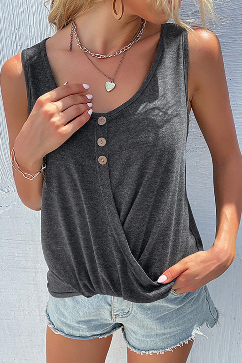Decorative Button Twisted Scoop Neck Tank - AllIn Computer