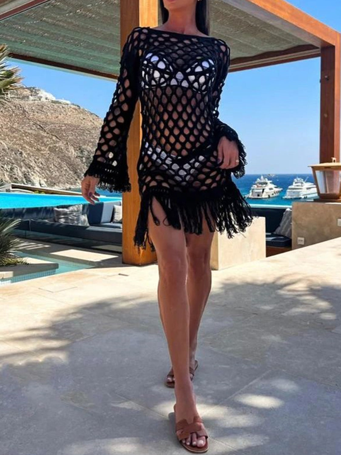 Fringe Cutout Long Sleeve Cover Up - AllIn Computer