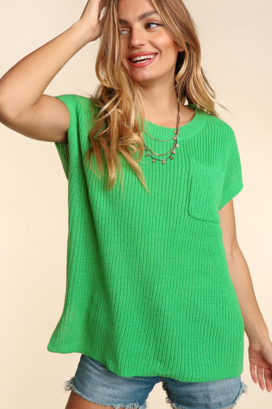 Haptics Pocketed Round Neck Cap Sleeve Knit Top - AllIn Computer