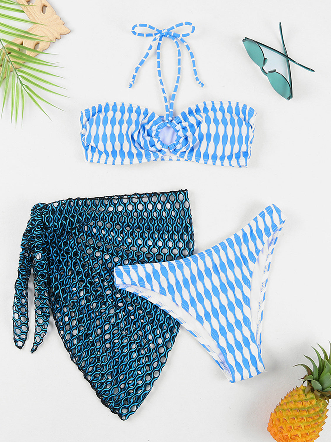 Geometric Halter Neck Three-Piece Swim Set - AllIn Computer