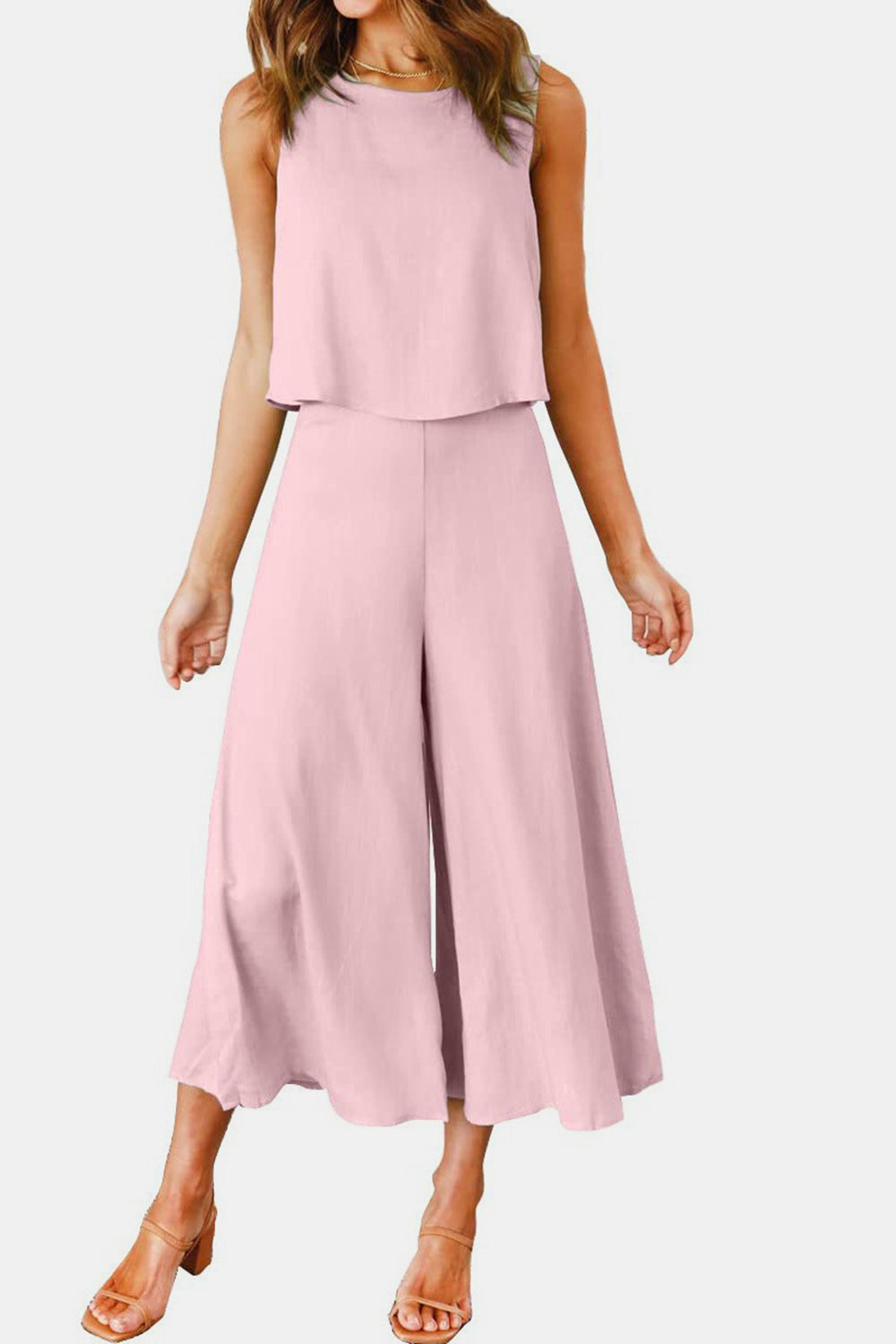 Round Neck Top and Wide Leg Pants Set - AllIn Computer