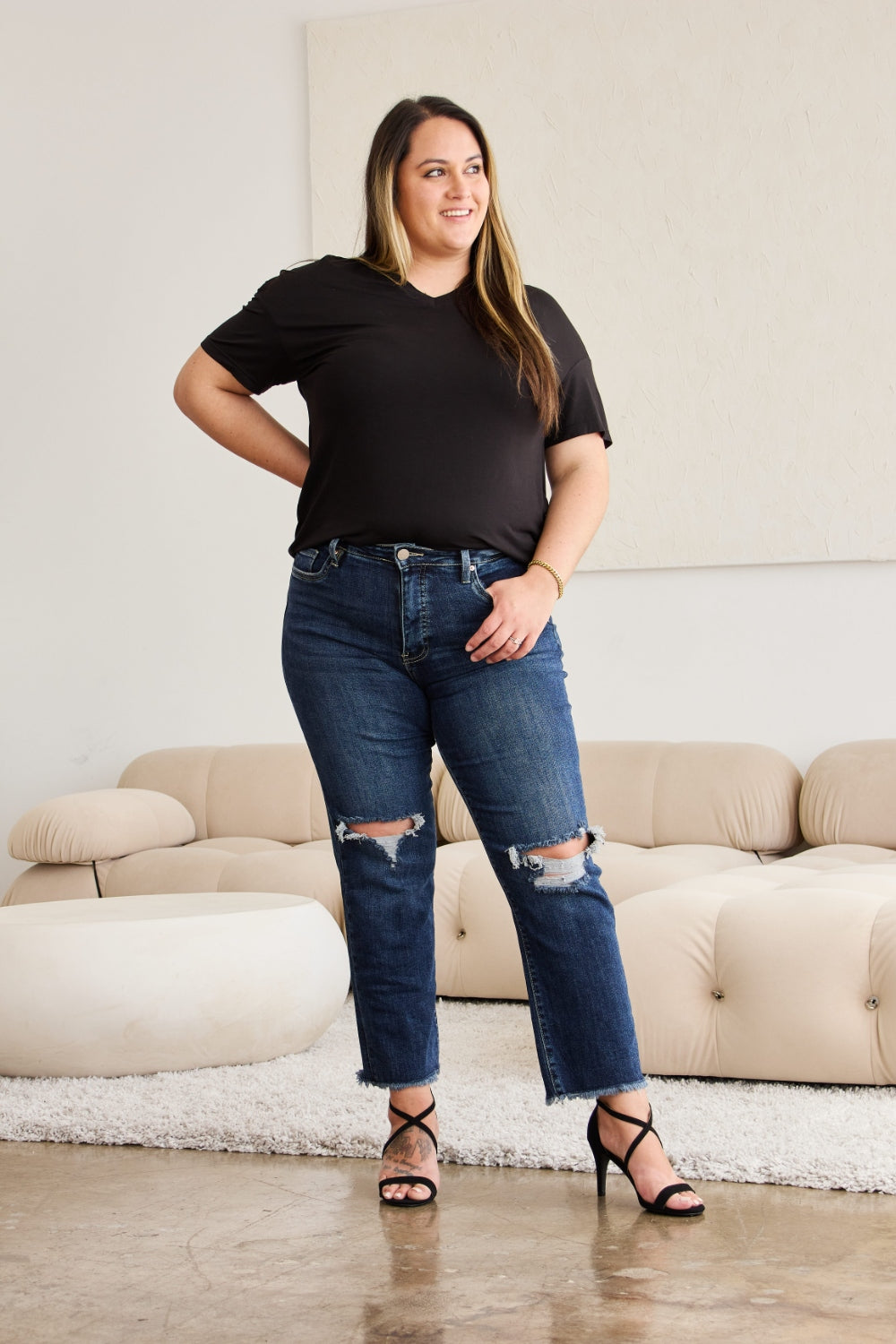 RFM Crop Dylan Full Size Tummy Control Distressed High Waist Raw Hem Jeans - AllIn Computer