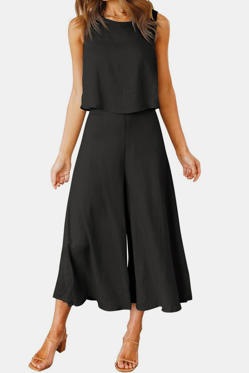Round Neck Top and Wide Leg Pants Set - AllIn Computer