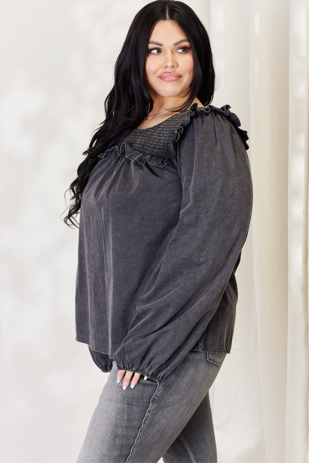 HEYSON Full Size Mineral Wash Smocked Round Neck Blouse - AllIn Computer