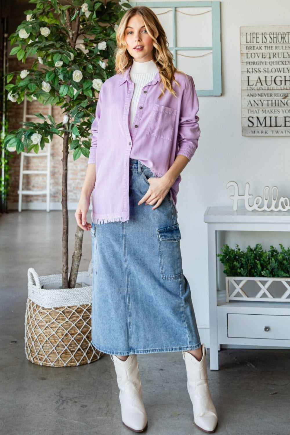 Veveret Raw Hem Button Up Long Sleeve Shirt - AllIn Computer