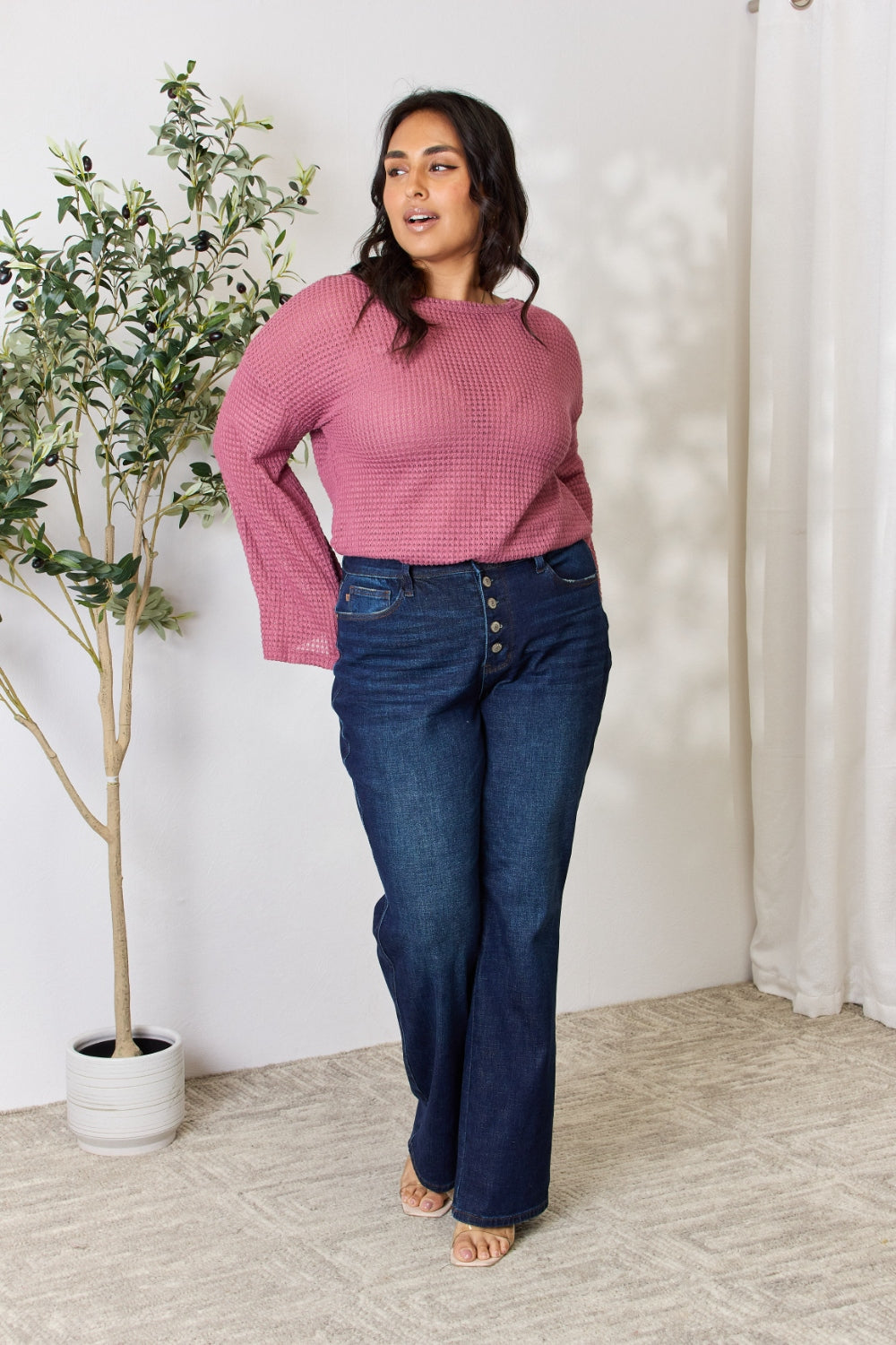 Culture Code Full Size Waffle-Knit Round Neck Long Sleeve Blouse - AllIn Computer