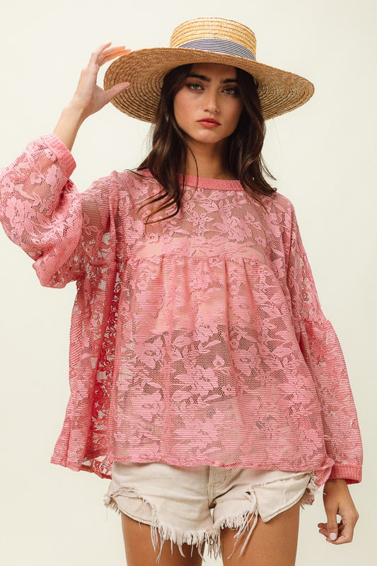 BiBi Floral Lace Long Sleeve Top - AllIn Computer