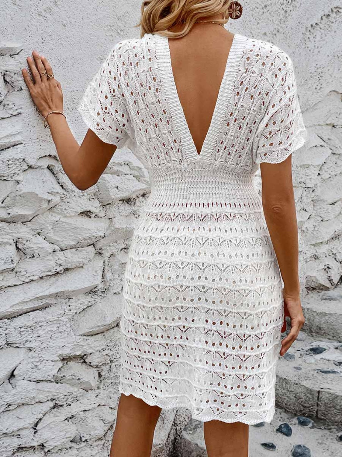 Openwork Plunge Short Sleeve Cover-Up Dress - AllIn Computer