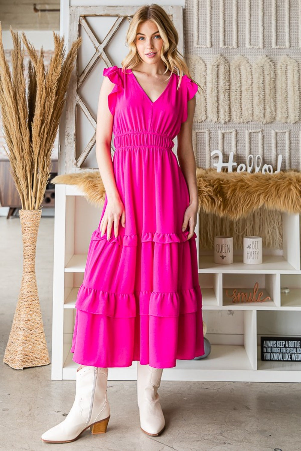 Reborn J V-Neck Ruffle Trim Tiered Midi Dress - AllIn Computer